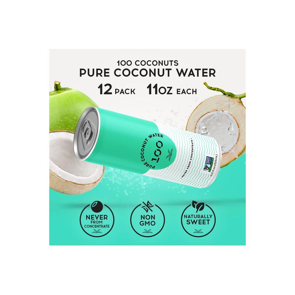 100 Coconuts Pure Coconut100 Pure Coconut Water Low Calorie AllNatural Drink with Electrolytes Naturally Sweet no preservatives NonGMO 11 fl oz Pack of 12 Pure Coconut Water - Whlsome - Coconut Water