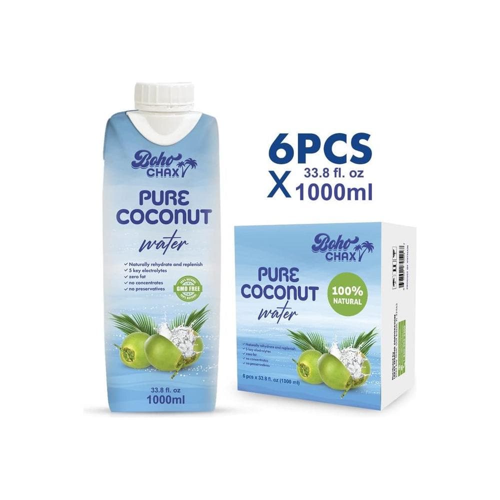 100 Natural Pure Coconut Water Not From Concentrate Drink with No Added Sugar Replenishes Essential Vitamins and Electrolytes for Superior Hydration 338 Fl Oz Cartons 6Pack by Boho Chax - Whlsome - Coconut Water