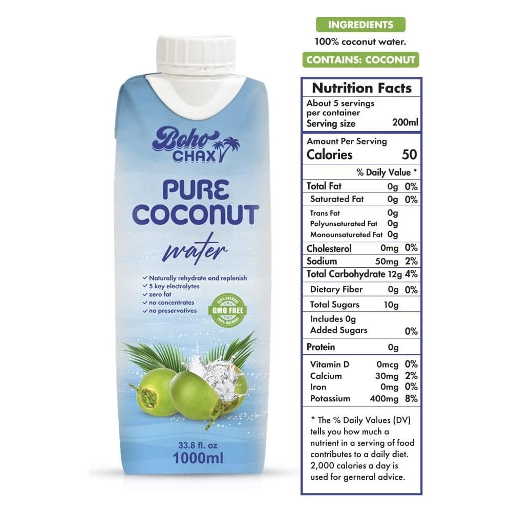 100 Natural Pure Coconut Water Not From Concentrate Drink with No Added Sugar Replenishes Essential Vitamins and Electrolytes for Superior Hydration 338 Fl Oz Cartons 6Pack by Boho Chax - Whlsome - Coconut Water