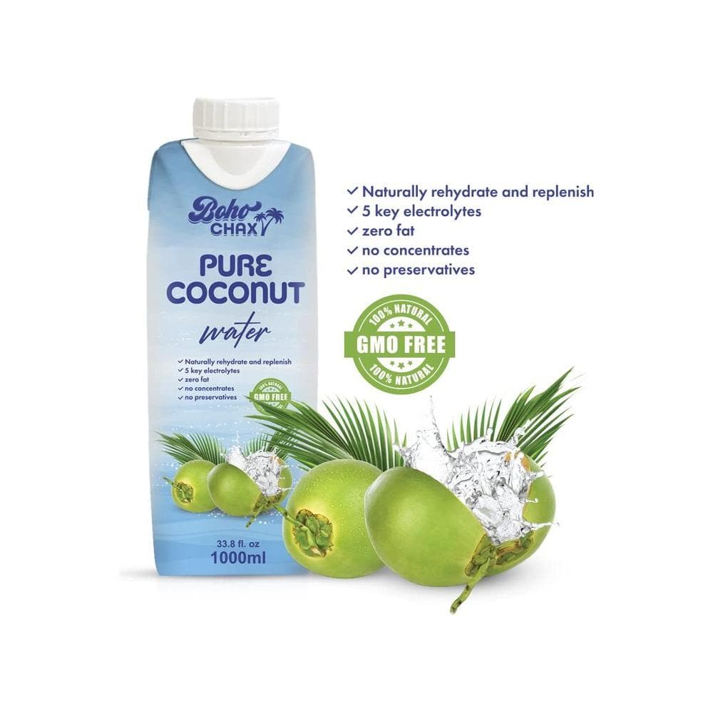 100 Natural Pure Coconut Water Not From Concentrate Drink with No Added Sugar Replenishes Essential Vitamins and Electrolytes for Superior Hydration 338 Fl Oz Cartons 6Pack by Boho Chax - Whlsome - Coconut Water