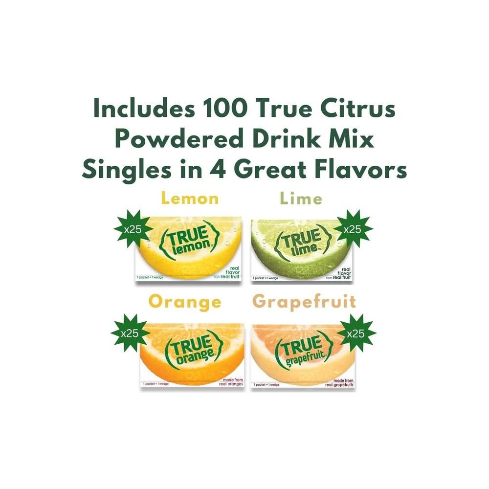 100 Pack 25 Each True Crystalized Packets Variety Box Packaged by BOLT BOX Lemon Lime Orange Grapefruit OnTheGo Powdered Drink Mix Water Enhancer Variety Pack Zero Calorie Unsweetened Water Flavoring 100 pack 6 Straws - Whlsome - Drinks &amp; Beverages