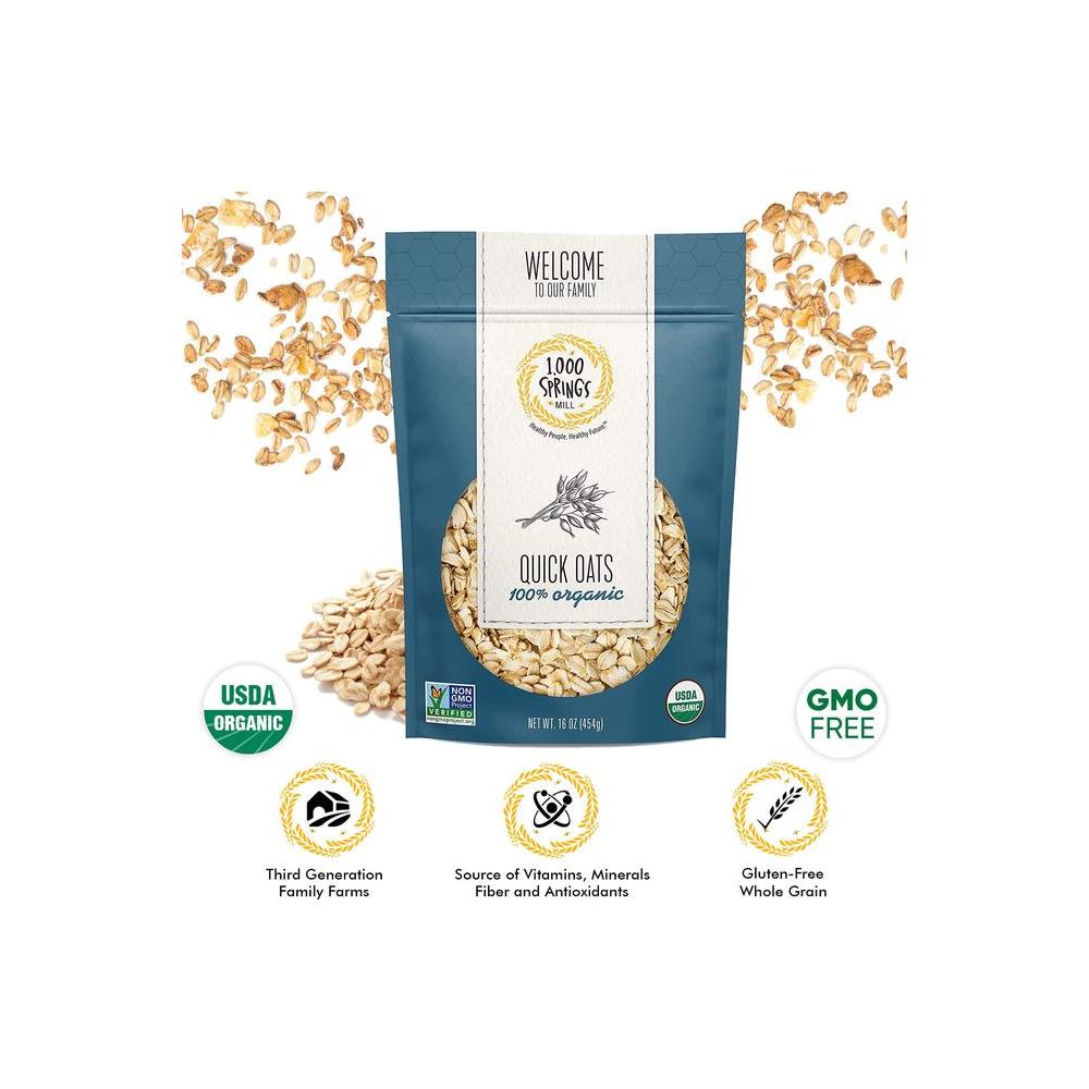 1000 Springs Mill Organic Quick Oats Used for breakfast Oatmeal Muffins Granola Bars Cookies or Other Baked Goods Bulk Dried Oats Resealable Bag 16oz Pack of 1 - Whlsome - Breakfast Foods