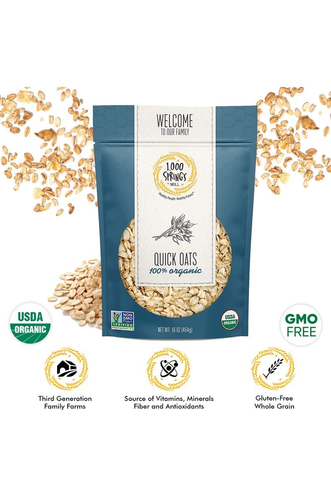 1000 Springs Mill Organic Quick Oats Used for breakfast Oatmeal Muffins Granola Bars Cookies or Other Baked Goods Bulk Dried Oats Resealable Bag 16oz Pack of 1 - Whlsome - Breakfast Foods