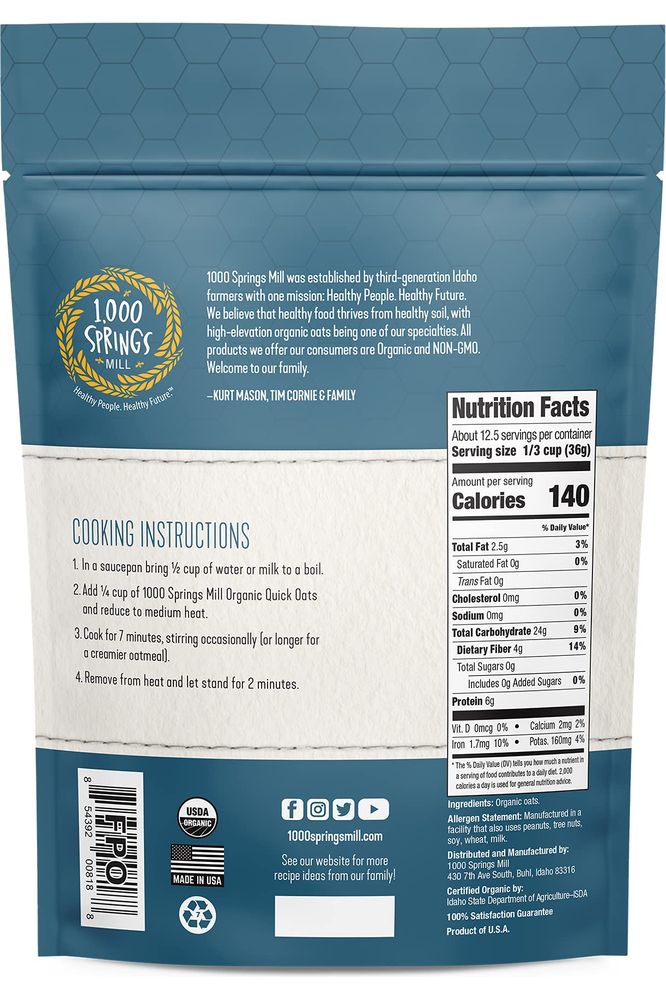 1000 Springs Mill Organic Quick Oats Used for breakfast Oatmeal Muffins Granola Bars Cookies or Other Baked Goods Bulk Dried Oats Resealable Bag 16oz Pack of 1 - Whlsome - Breakfast Foods