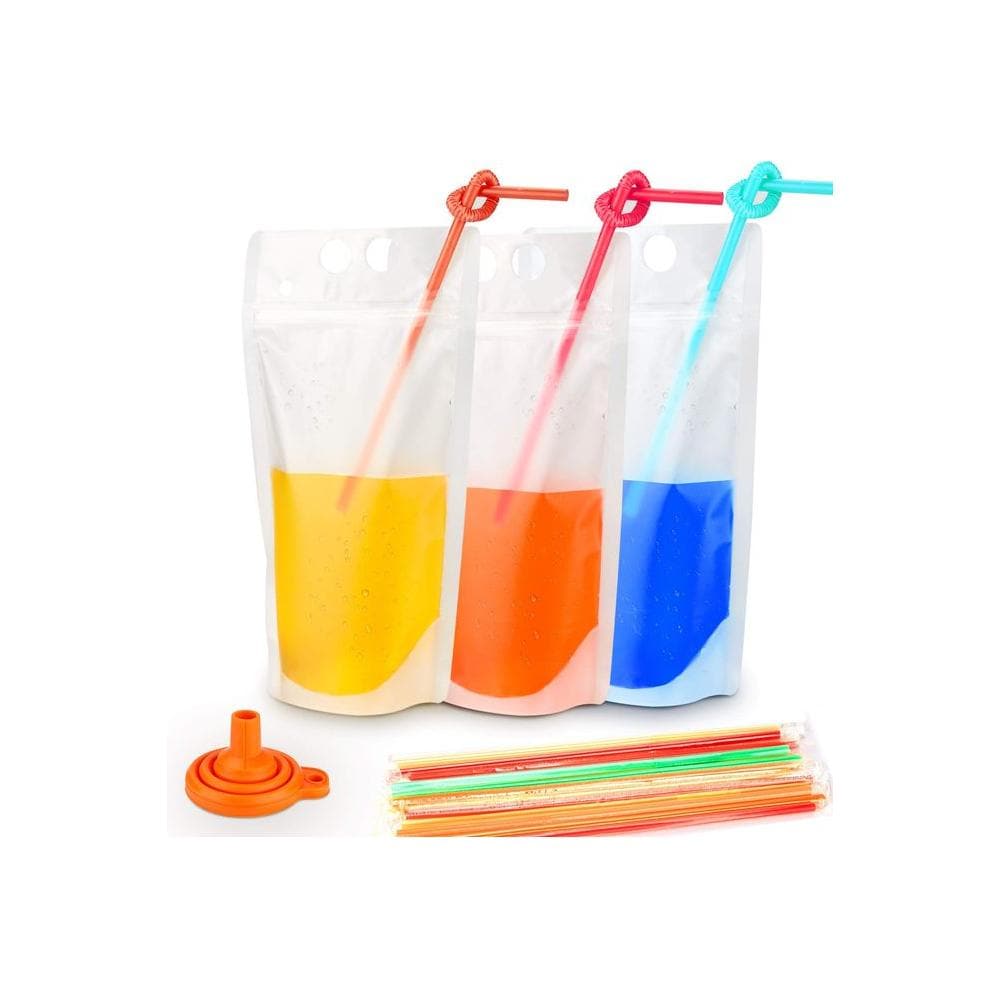 100PCs Drink Pouches with 100PCS Individual Wrapped Straws Yamgqus Freezable Juice Pouches DIY Reclosable Zipper Drink Bags for Adults and Kids Silicone Funnel Included 17oz 100 Pack - Whlsome - Fruit Juices