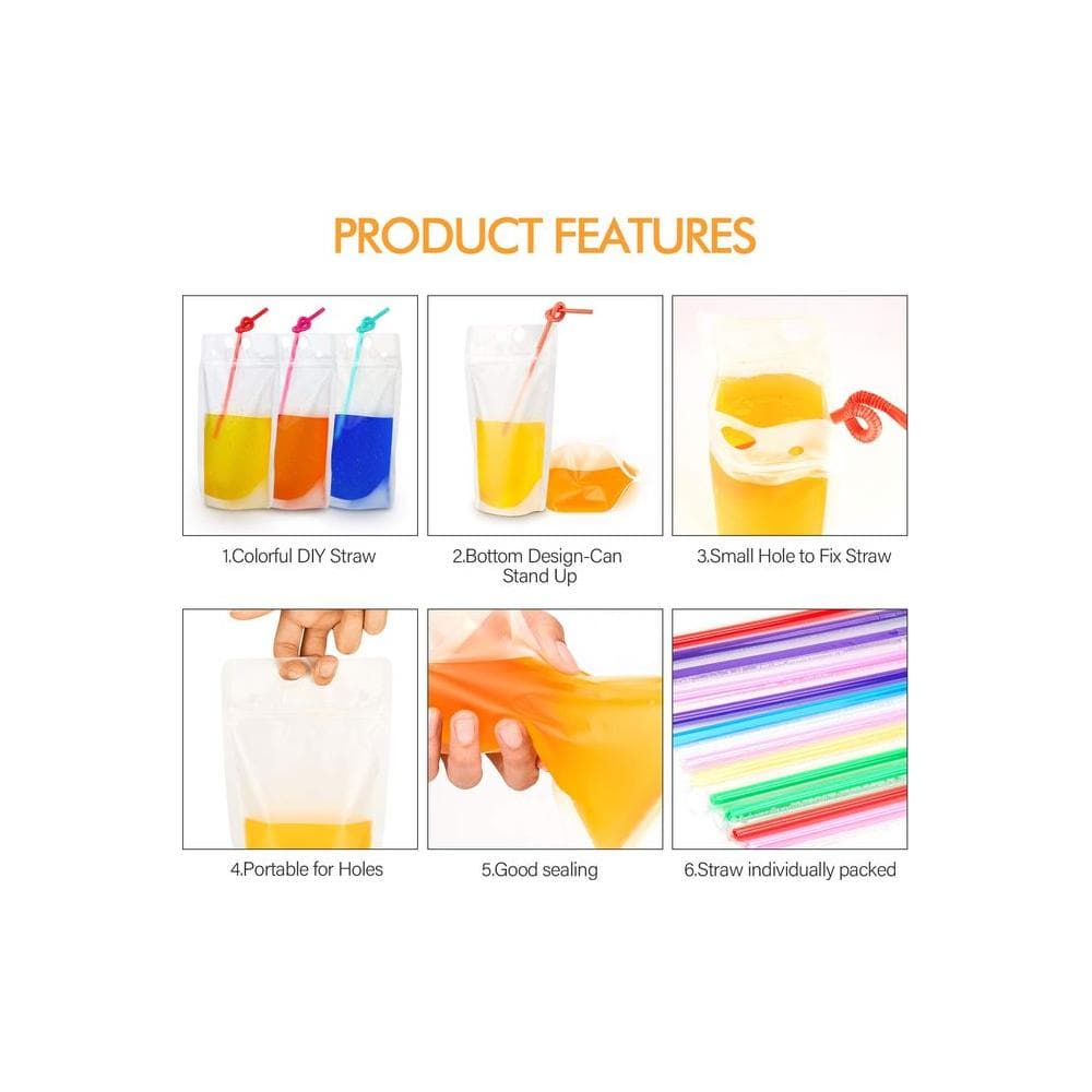 100PCs Drink Pouches with 100PCS Individual Wrapped Straws Yamgqus Freezable Juice Pouches DIY Reclosable Zipper Drink Bags for Adults and Kids Silicone Funnel Included 17oz 100 Pack - Whlsome - Fruit Juices