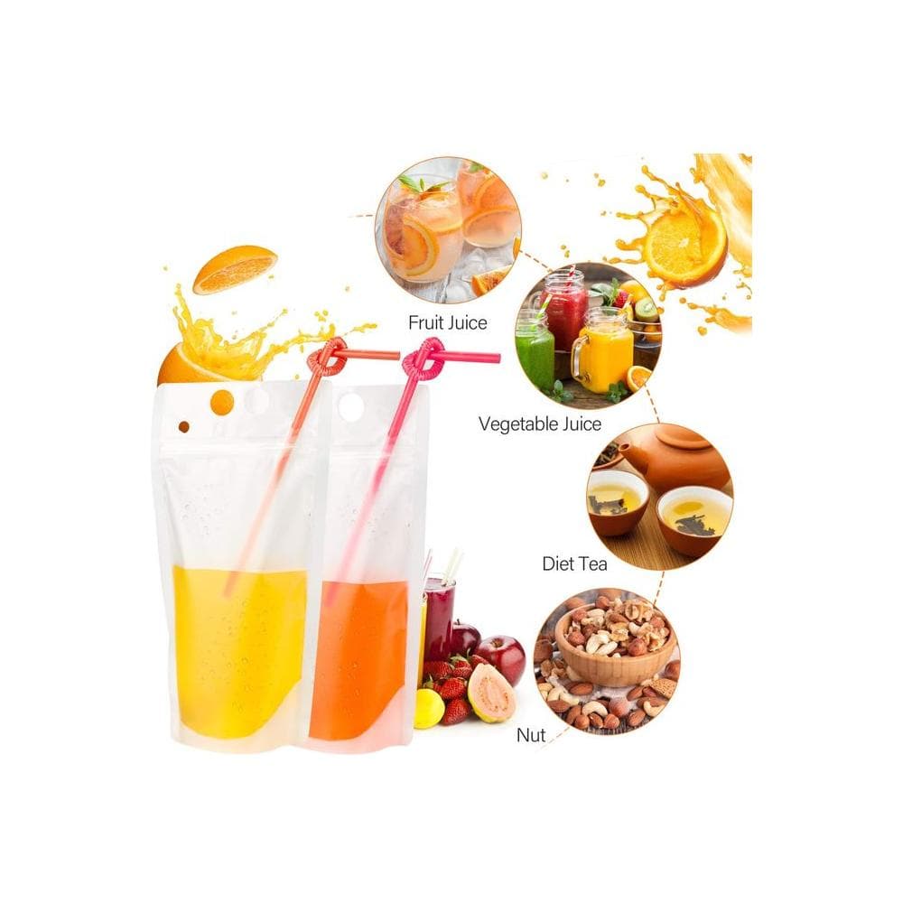 100PCs Drink Pouches with 100PCS Individual Wrapped Straws Yamgqus Freezable Juice Pouches DIY Reclosable Zipper Drink Bags for Adults and Kids Silicone Funnel Included 17oz 100 Pack - Whlsome - Fruit Juices