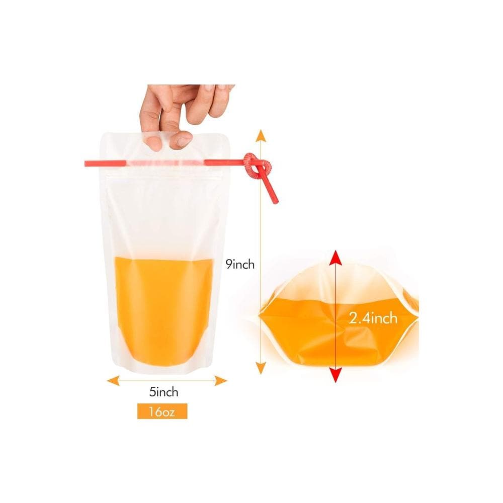 100PCs Drink Pouches with 100PCS Individual Wrapped Straws Yamgqus Freezable Juice Pouches DIY Reclosable Zipper Drink Bags for Adults and Kids Silicone Funnel Included 17oz 100 Pack - Whlsome - Fruit Juices