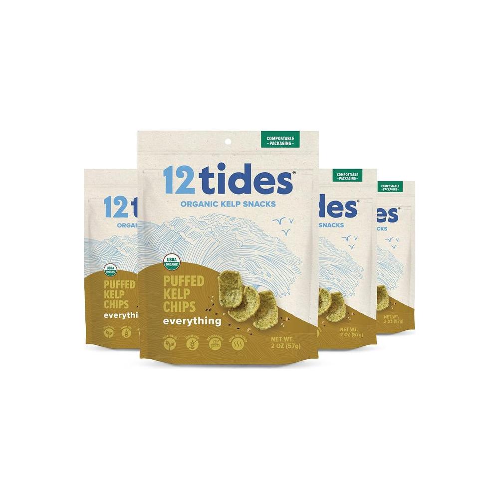 12 Tides Organic Puffed Kelp Chips - Plant Based Seaweed Chips, Non GMO, Gluten Free, No Added Sugar, Sea Vegetable Chips, Everything, 4 count - Whlsome - Snacks