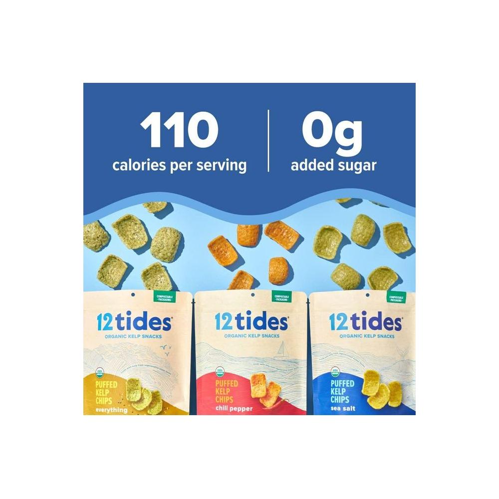 12 Tides Organic Puffed Kelp Chips - Plant Based Seaweed Chips, Non GMO, Gluten Free, No Added Sugar, Sea Vegetable Chips, Everything, 4 count - Whlsome - Snacks