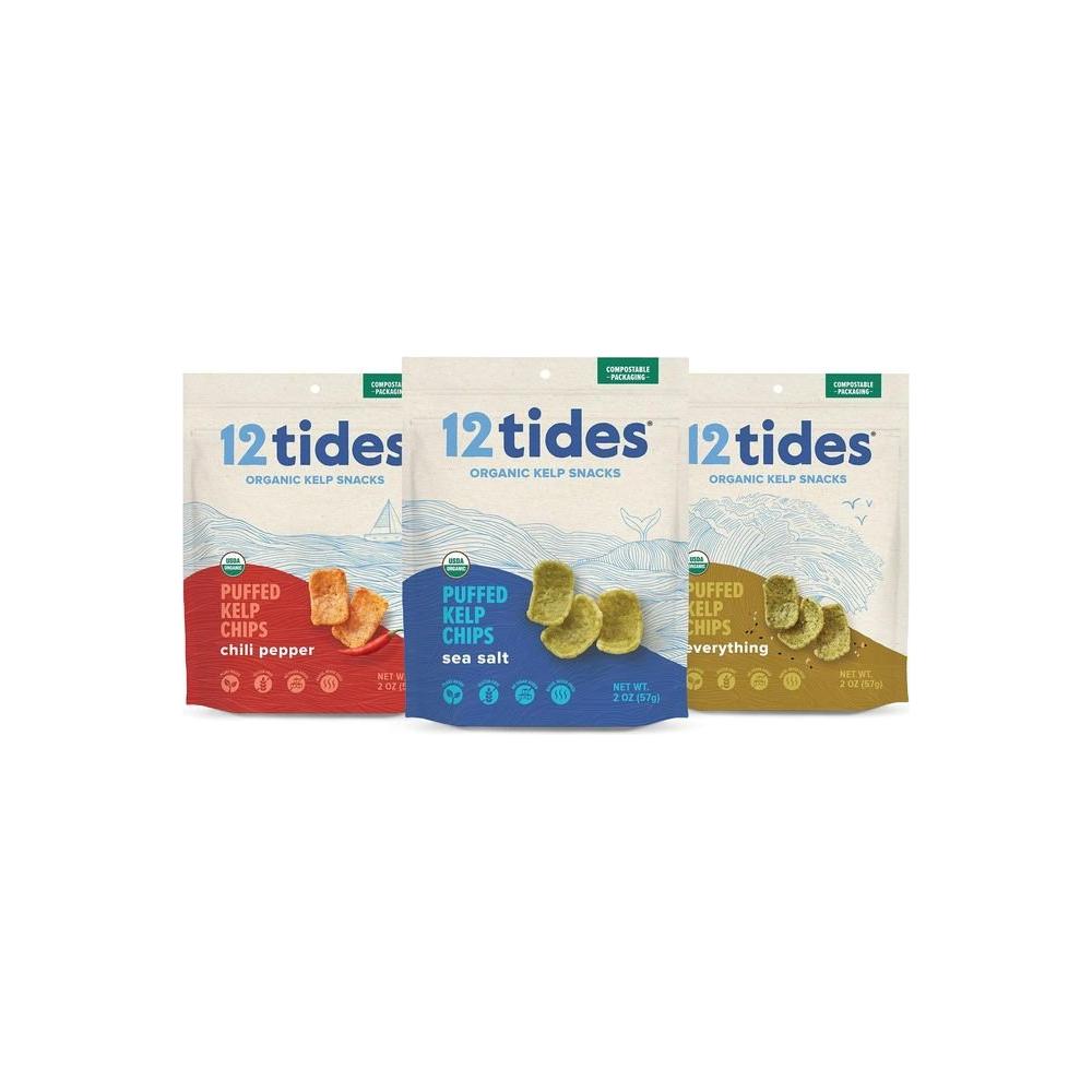 12 Tides Organic Puffed Kelp Chips - Plant Based Seaweed Chips, Non GMO, Gluten Free, No Added Sugar, Sea Vegetable Chips, Variety, 3 count - Whlsome - Snacks