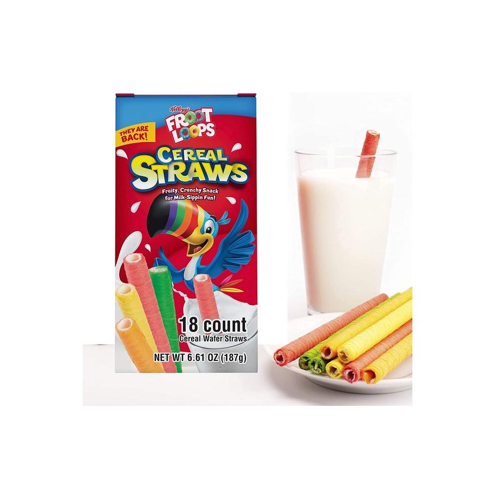 2024 Kelloggs Cereal Straws Froot Loops Edible Breakfast Straw Alternatives for Milk 90s Childhood Nostalgic Treat Cereals for Kids 18 Count - Whlsome - Breakfast Foods