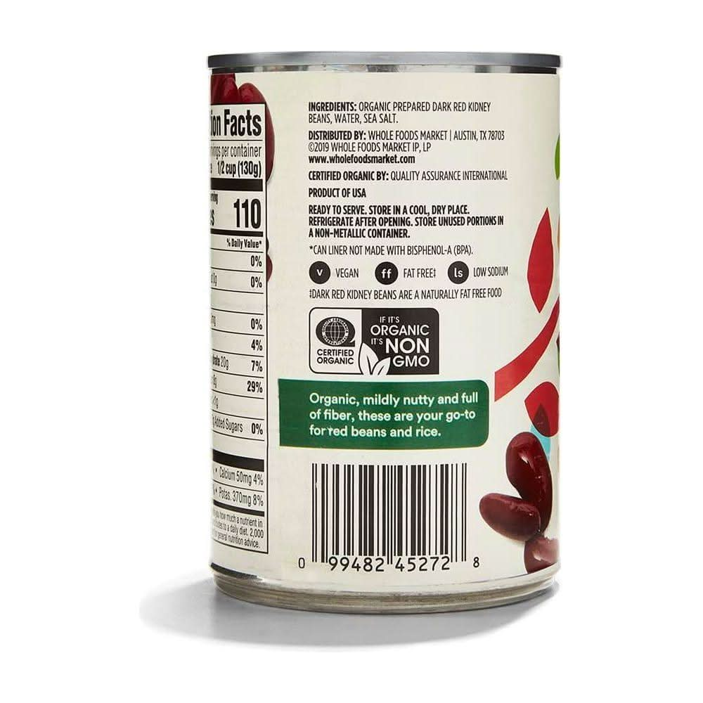 365 by Whole Foods Market Organic Dark Red Kidney Beans 155 Ounce - Whlsome - Canned Beans