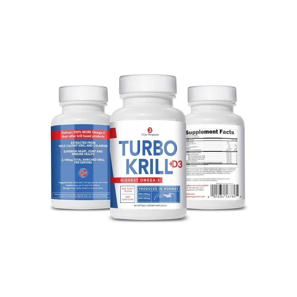 3Care Turbo Krill 2100mg [High Concentrate] Krill Oil Plus 600 IU Vitamin D Omega 3 Supplement 60 Count Softgels - Whlsome - Vitamins & Supplements