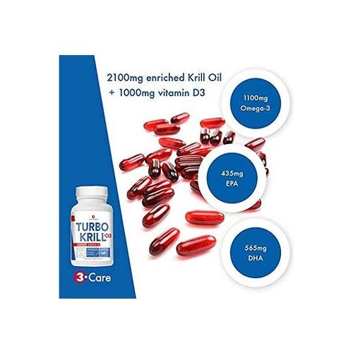 3Care Turbo Krill 2100mg [High Concentrate] Krill Oil Plus 600 IU Vitamin D Omega 3 Supplement 60 Count Softgels - Whlsome - Vitamins & Supplements