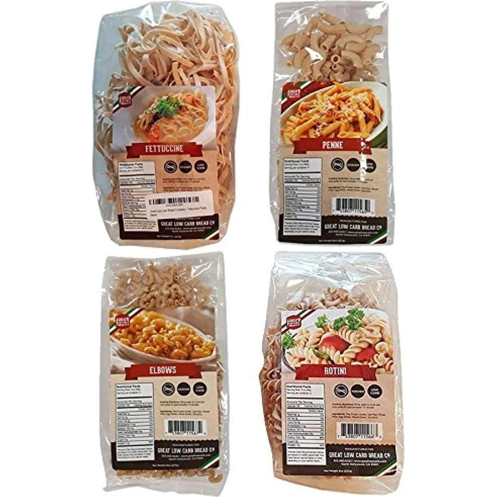 4 Pack Assortment Low Carb Pasta, Fettuccine, Rotini, Penne, and Elbows, Great Low Carb Bread Company - Whlsome - Pasta