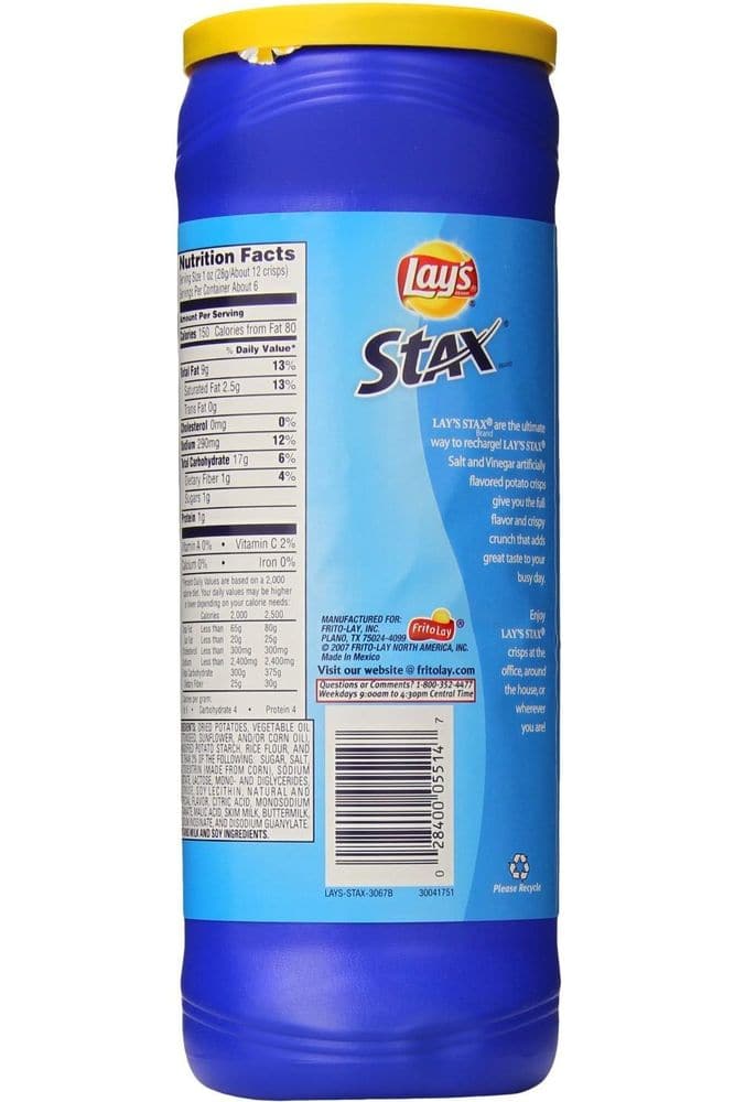 (4 Pack) Lay&#39;s Stax Salt &amp; Vinegar Potato Crisps 5.5 oz - Whlsome - Snacks