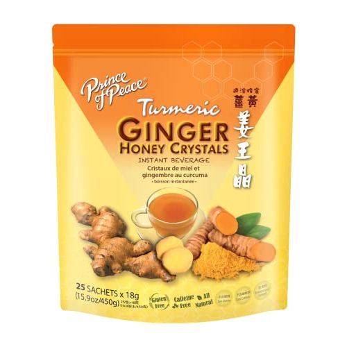 Prince of Peace Instant Ginger Honey Crystals wTurmeric 25 Sachets  Instant Hot or Cold Beverage  Easy to Brew Ginger and Honey Tea Caffeine and Gluten Free