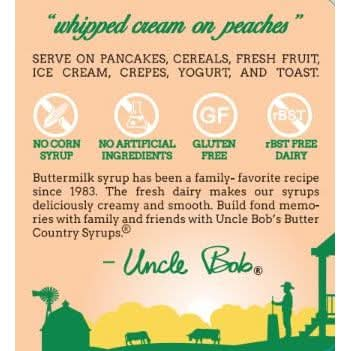 BUTTER COUNTRY Rich  Creamy Buttermilk Syrup  Peaches  Cream Flavor  No Artificial Flavors No Corn Syrup GlutenFree rBSTFree Dairy  Syrup for Pancakes Waffles  Desserts  16 fl oz1 Pack