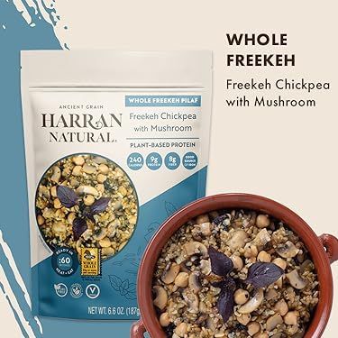 Harran Natural Whole Grain Freekeh Pilaf 187 g Plant Based Protein Meal in Microwavable Heat  Eat Pouch  Low GI Index Farik  Vegan Superfood with Chickpea Mushroom Olive Oil