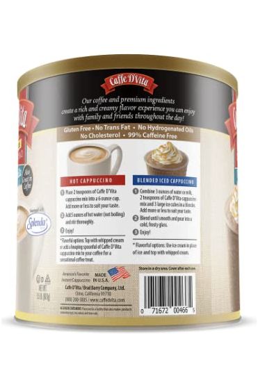 Caffe DVita Sugar Free French Vanilla Cappuccino Mix  Instant Cappuccino Mix Gluten Free No Cholesterol No Hydrogenated Oils 99 Caffeine Free Sugar Free Cappuccino Mix  15 Lb Can