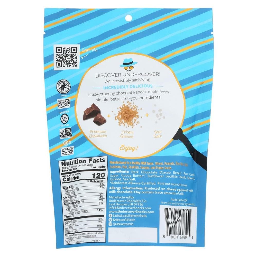 4465017UNDERCOVER CHOCOLATE CO Dark Chocolate Sea Salt Quinoa Crisps 3 OZ Pack of 12 - Whlsome - Candies & Chocolates