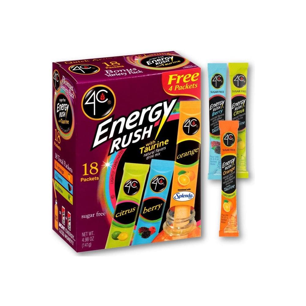 4C Energy Rush Drink Mix Pack of 2 Boxes 18 Packets Each Makes 36 Servings 6 Orange 6 Berry 6 Citrus Packets Bonus Variety Pack Net Wt 4987 OZ 141g Each Box - Whlsome - Drinks & Beverages