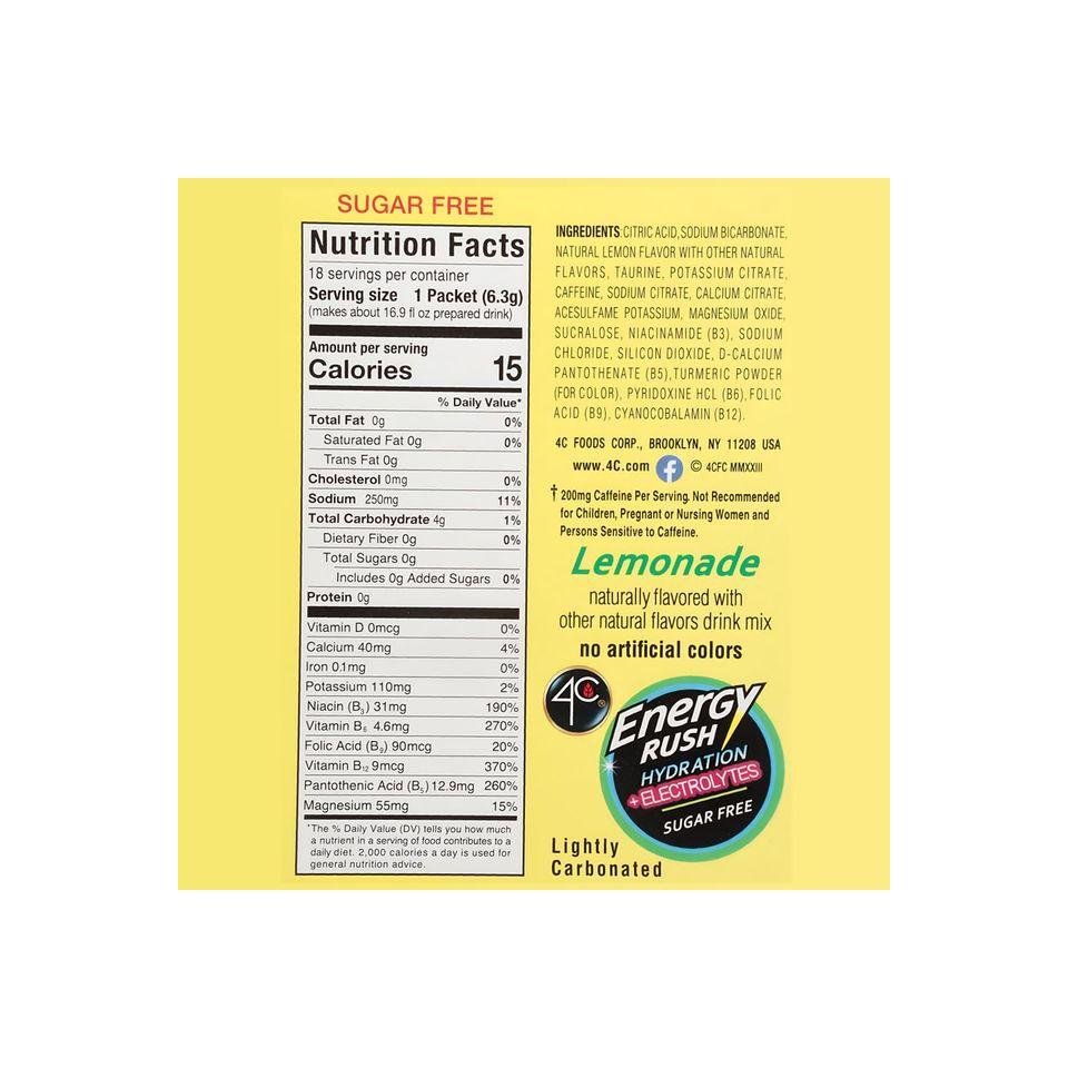 4C Energy Rush PSD with Electrolytes 18ct Lemonade Single Serve Water Flavoring Packets On the Go Bundle - Whlsome - Energy Drinks