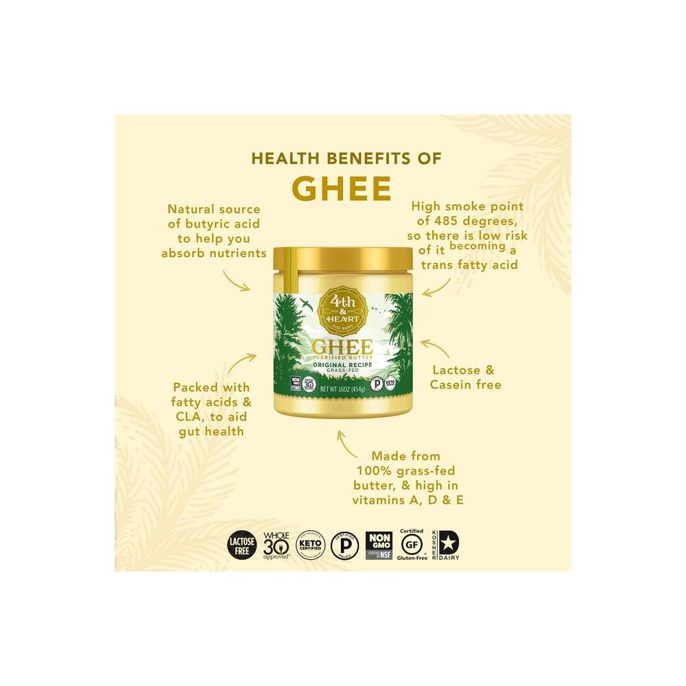 4th & Heart Original Grass - Fed Ghee, 16 Ounce, Keto, Pasture Raised, Non - GMO, Lactose and Casein Free, Certified Paleo - Whlsome - Ghee