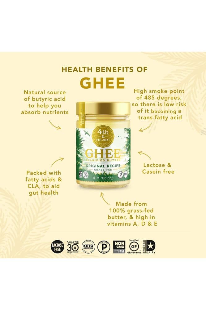 4th & Heart Original Grass - Fed Ghee, 9 Ounce, Keto, Pasture Raised, Lactose and Casein Free, Certified Paleo - Whlsome - Ghee