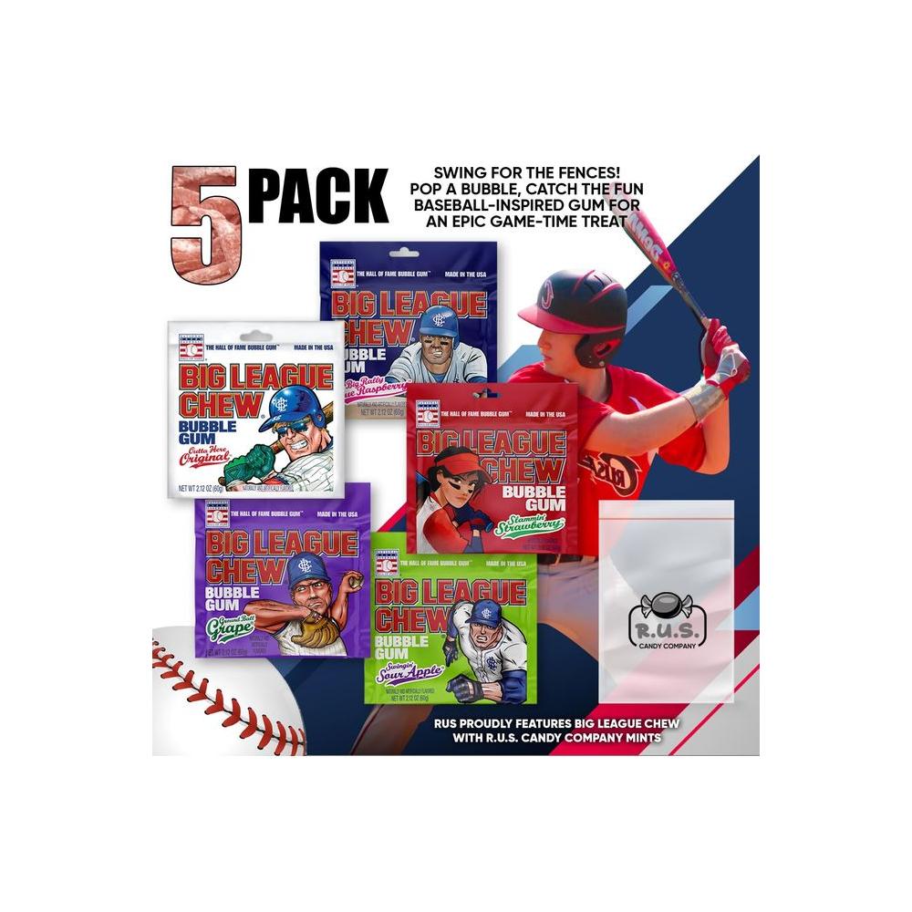 5 Flavor Variety Pack of Big League Chew Outta Here Original Flavored Big Rally Blue Raspberry Slammin Strawberry Swingin Sour Apple Ground Ball Grape Shredded Bubble Gum 212oz each - Whlsome - Chewing & Bubble Gum