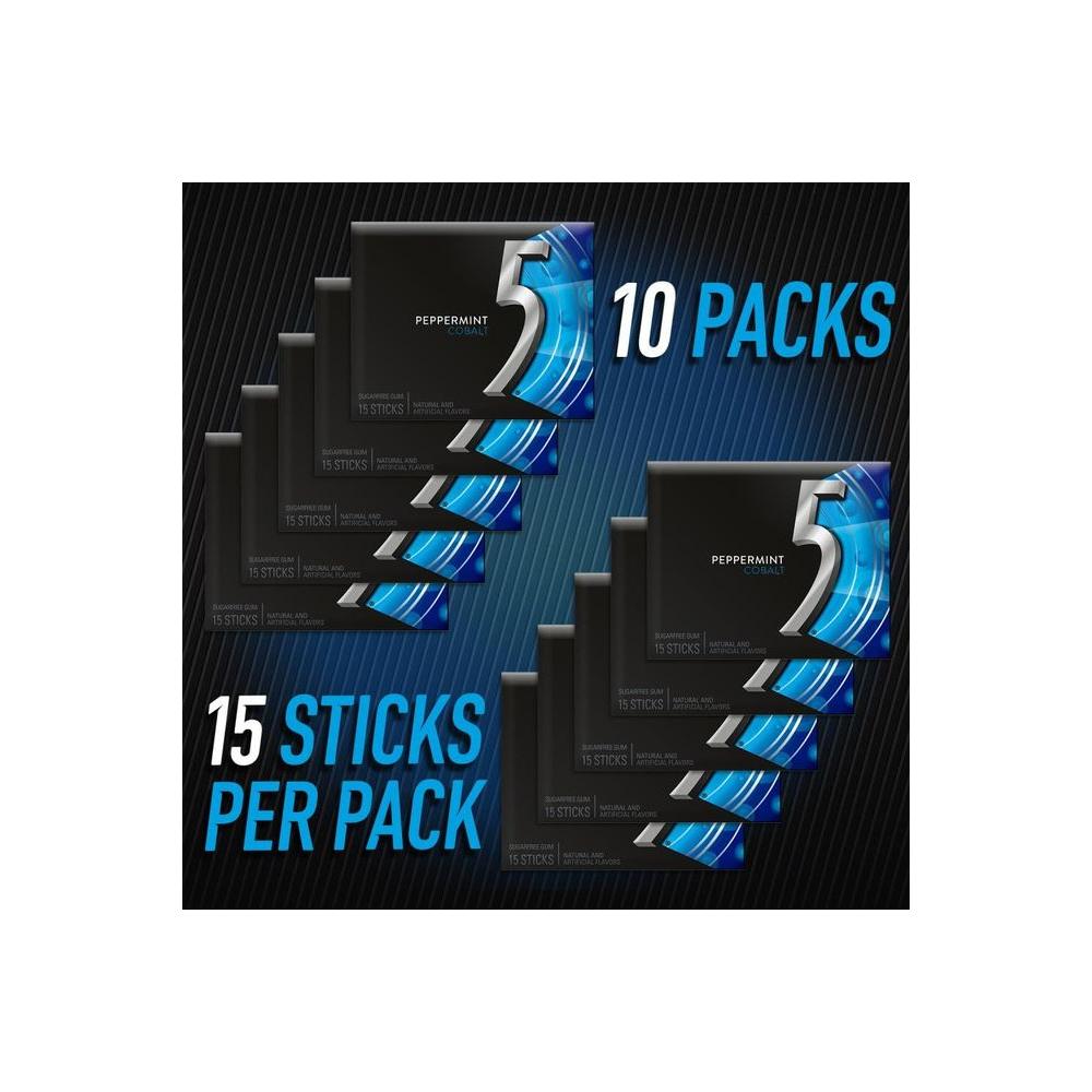 5 Gum Peppermint Cobalt Sugarfree Gum, 15 Piece (10 Pack) - Whlsome - Chewing &amp; Bubble Gum