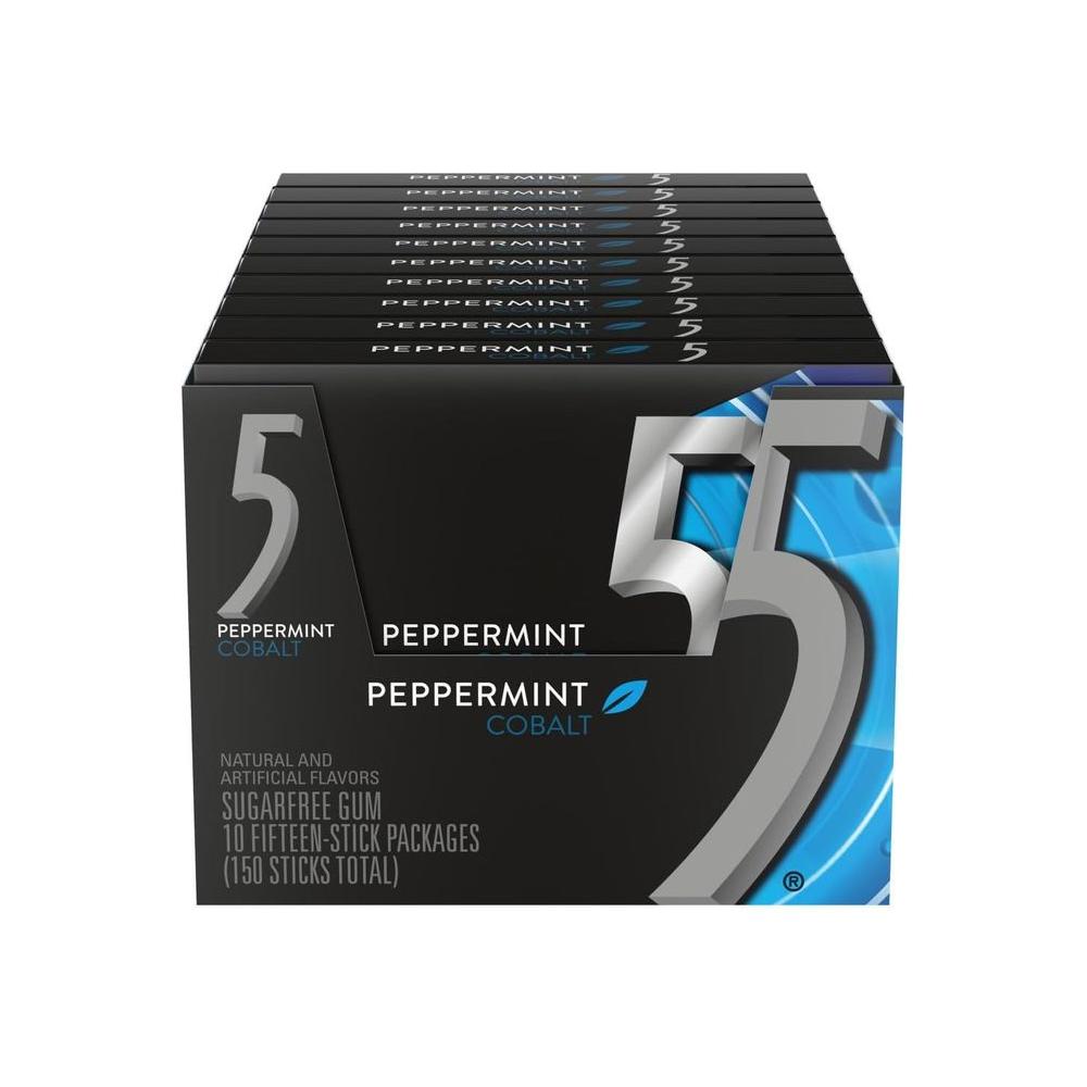 5 Gum Peppermint Cobalt Sugarfree Gum, 15 Piece (10 Pack) - Whlsome - Chewing &amp; Bubble Gum