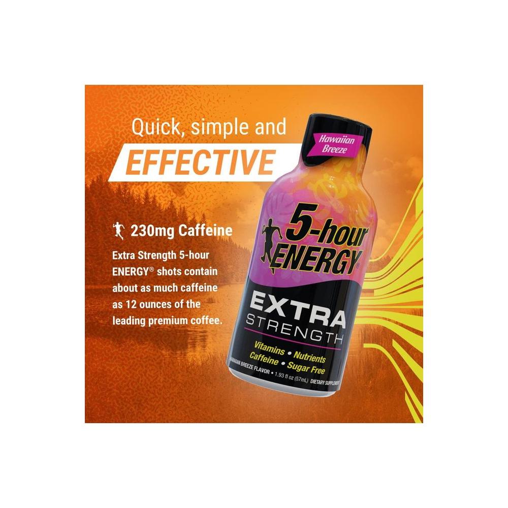 5 - hour ENERGY Extra Strength Energy Shot | Hawaiian Breeze Flavor | 1.93 oz. | 24 Count | Sugar - Free & Zero Calories | B - Vitamins & Amino Acids | 230mg Caffeinated Energy Shot | Dietary Supplement - Whlsome - Sports Nutrition