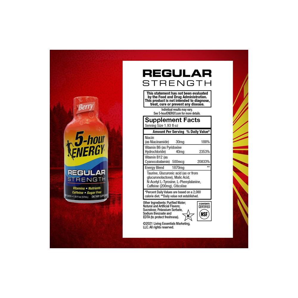 5 - Hour ENERGY Shots Regular Strength | Berry Flavor | 1.93 oz. 30 Count | Sugar Free 4 Calories | Amino Acids and Essential B Vitamins | Dietary Supplement | Feel Alert and Energized - Whlsome - Sports Nutrition