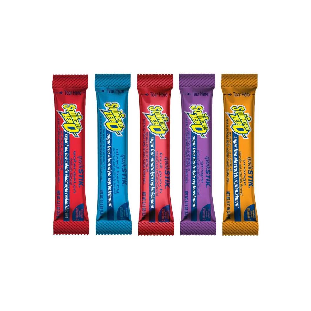 500 Pack Sqwincher ZERO Qwik Stik Hydration Powdered Packets Assorted Popular Flavors Orange Grape Fruit Punch Mixed Berry Watermelon SugarFree Electrolyte Multiplier Powdered Mix Beverage - Whlsome - Sports Drinks