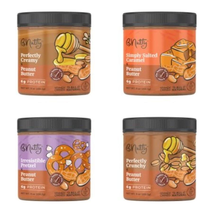 BNutty Sweet and Salty Peanut Butter - Assorted Flavors - Gluten Free - Natural Peanut Butter - Made in USA - 9oz Jars - 4 Pack