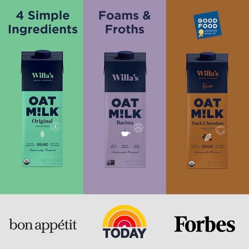 Willas Organic Oat Milk Vegan Plant Based Dairy Free Unsweetened Low Sugar Shelf Stable Milk Whole Grain Oats Non GMO 4g Protein Use as Coffee Creamer or Cereal Milk 3 Pack 32 oz