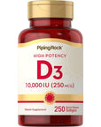 Piping Rock Vitamin D3 10000 IU | 250 Softgels | High Potency | Non-GMO, Gluten Free Supplement