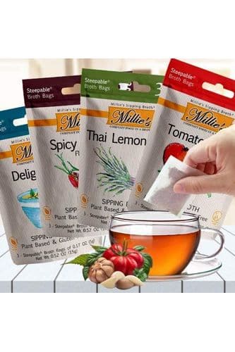 MILLIE&#39;S SIPPING BROTH Steepable Vegetable Broth with Savory Seasonings for Snack Urges | Vegan, Keto, Gluten Free, Intermittent Fasting, and natural | (4 Pack Assortment - 12 Broth Bags Total)