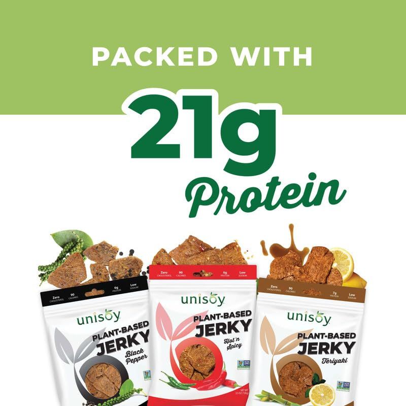 Unisoy Plant Based Jerky  High Protein Plant Based Vegan Jerky Snacks  Sustainable NonGMO Low Sodium Vegan Food with a Classic Jerky Taste  Black Pepper Teriyaki and Hot  Spicy 3Pack