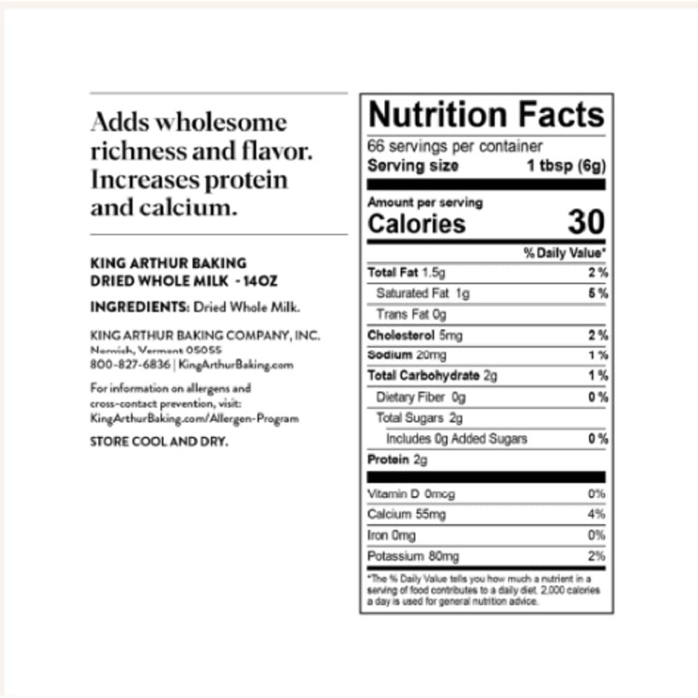 King Arthur Dried Whole Milk Powder 14oz  Powdered Milk Kosher Dry Whole Milk Powder for Drinks Confections Baked Goods as a Nutrient Supplement