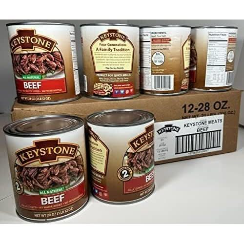 Keystone Meats All Natural Canned Beef 28 Oz Long Shelf Life Emergency Food For Camping Canned Meat Fully Cooked Ready to Eat  Gluten Free Pack of 12