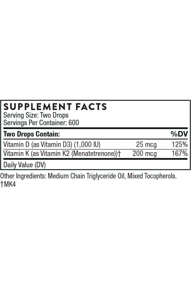 Thorne Vitamin D + K2 Liquid with a metered Dispenser - Vitamins D3 and K2 to Support Healthy Bones and Muscles* - 1 Fl Oz (30 ml) - 600 Servings