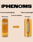 All Phenoms Energy Sparkling Organic Prebiotic  Probiotic Drink  Adaptogen Mushroom Blend 350mg Lions Mane 75mg Green Tea Caffeine 135mg LTheanine Vitamins B  Citrus Ginger 12 Pack