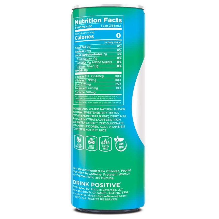 Positive Energy Beverage Tropical Bliss  12oz Can Pack of 12  Zero Sugar Energy Drink Supports Immunity and Hydration