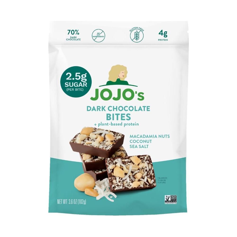 JOJO&#39;s Dark Chocolate Macadamia Coconut, Healthy Snack, Low Sugar, Low Carb, Gluten Free, Non GMO, Paleo &amp; Keto Friendly, Made with Plant Based Hemp Protein, Vegan (4 Count)