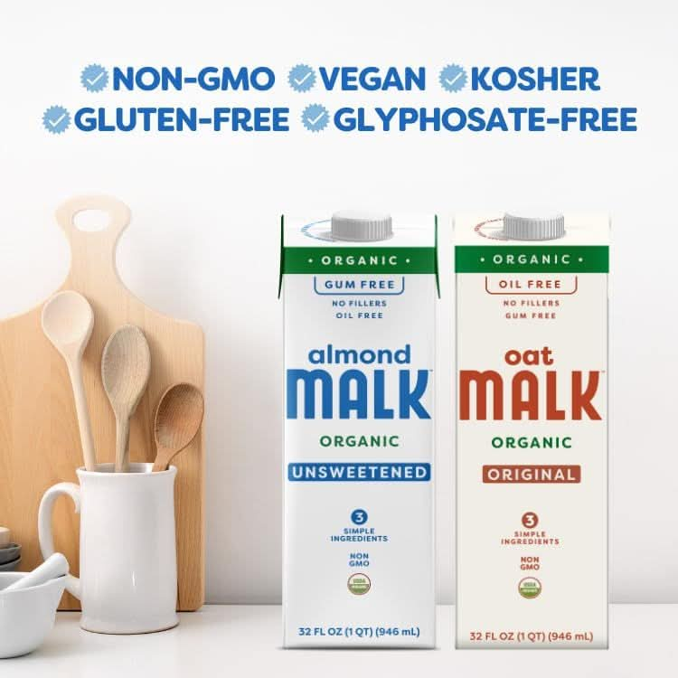 Malk Organic Unsweetened Almond Milk  32 fl oz  6 pack  Non GMO Whole 30 approved Dairy Free Vegan Plant Based