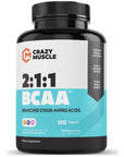 Crazy Muscle BCAA Pills with The Perfect 2:1:1 Ratio of Branched Chain Amino Acids Supplement - 1000mg of BCAAs per Pill (Better Than Capsules) by Crazy Muscle - 120 Tablets