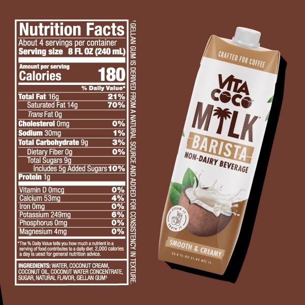 Vita Coco Barista Milk  Plant Based Dairy Free Milk Alternative  Gluten Free Soy Free and Unsweetened  Perfect Add to Coffee Matcha Pink Drinks  338 Fl Oz Pack of 6